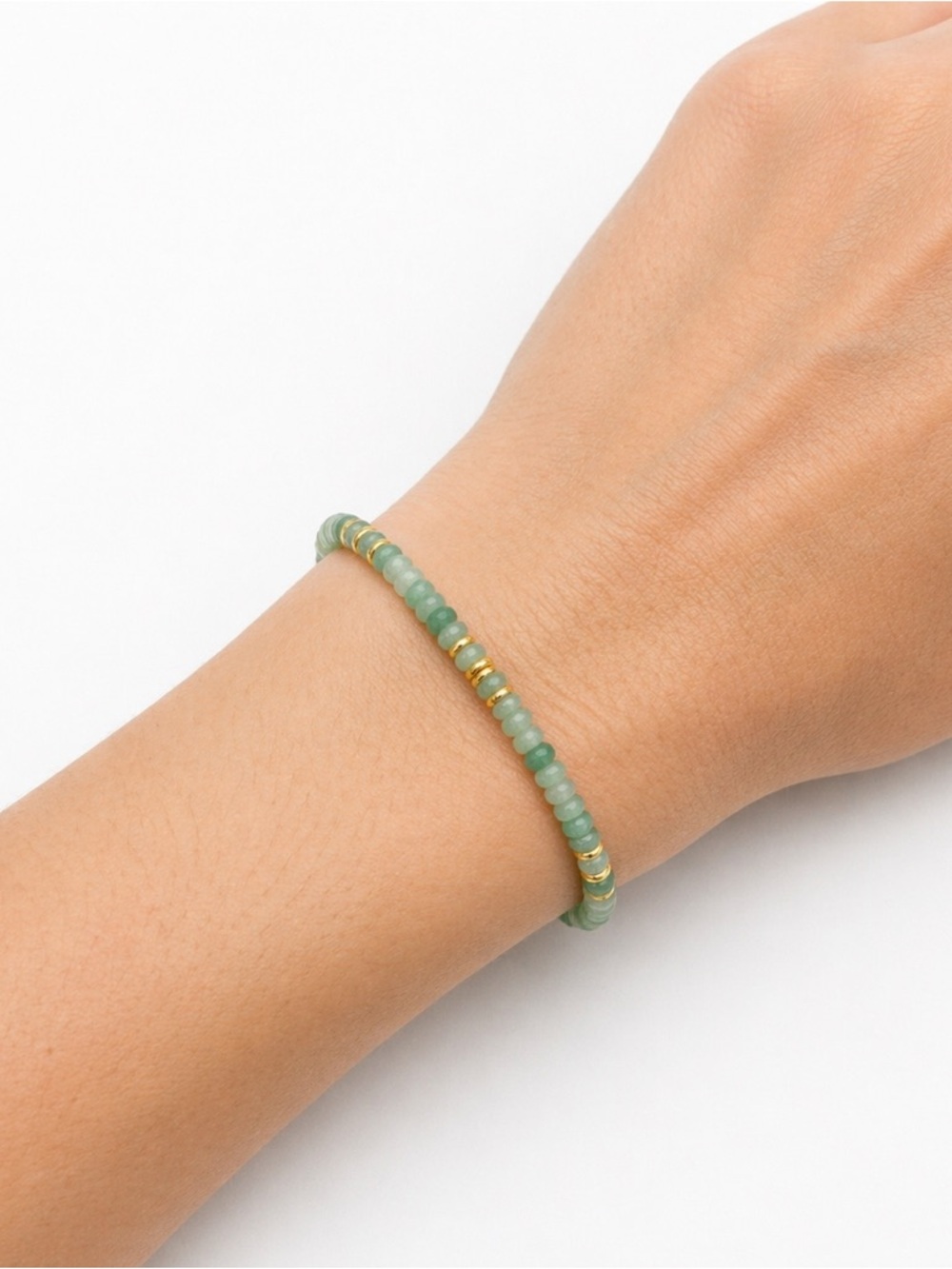 Green Aventurine Natural Stone Stretch Bracelet with Gold Accents - Picture 2 of 2